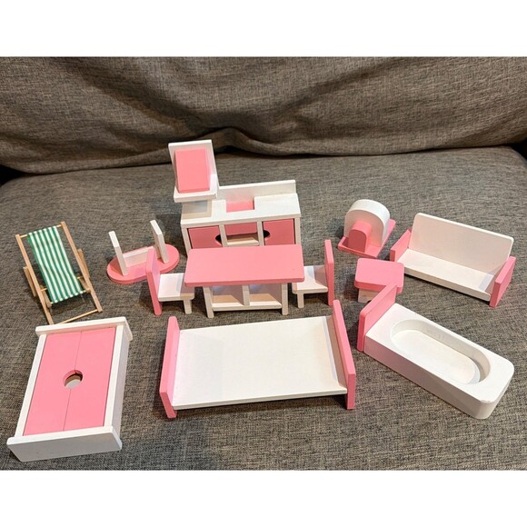 Kids Like It Other - Pink Dolls House Furniture Wooden Set  Dolls Toys For Kids Gift 12 pieces